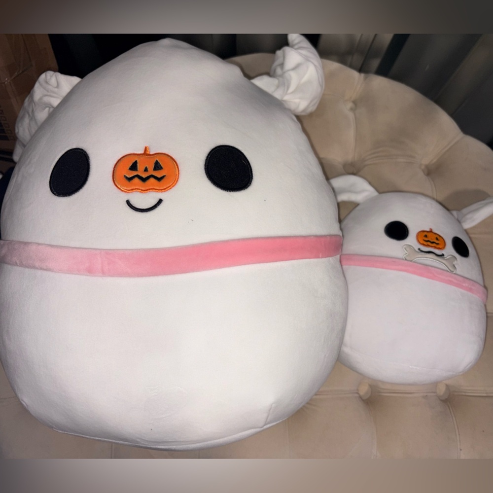 ZERO ghost dog Plush Ghost Pillow with Pink Trim and Pumpkin Face
